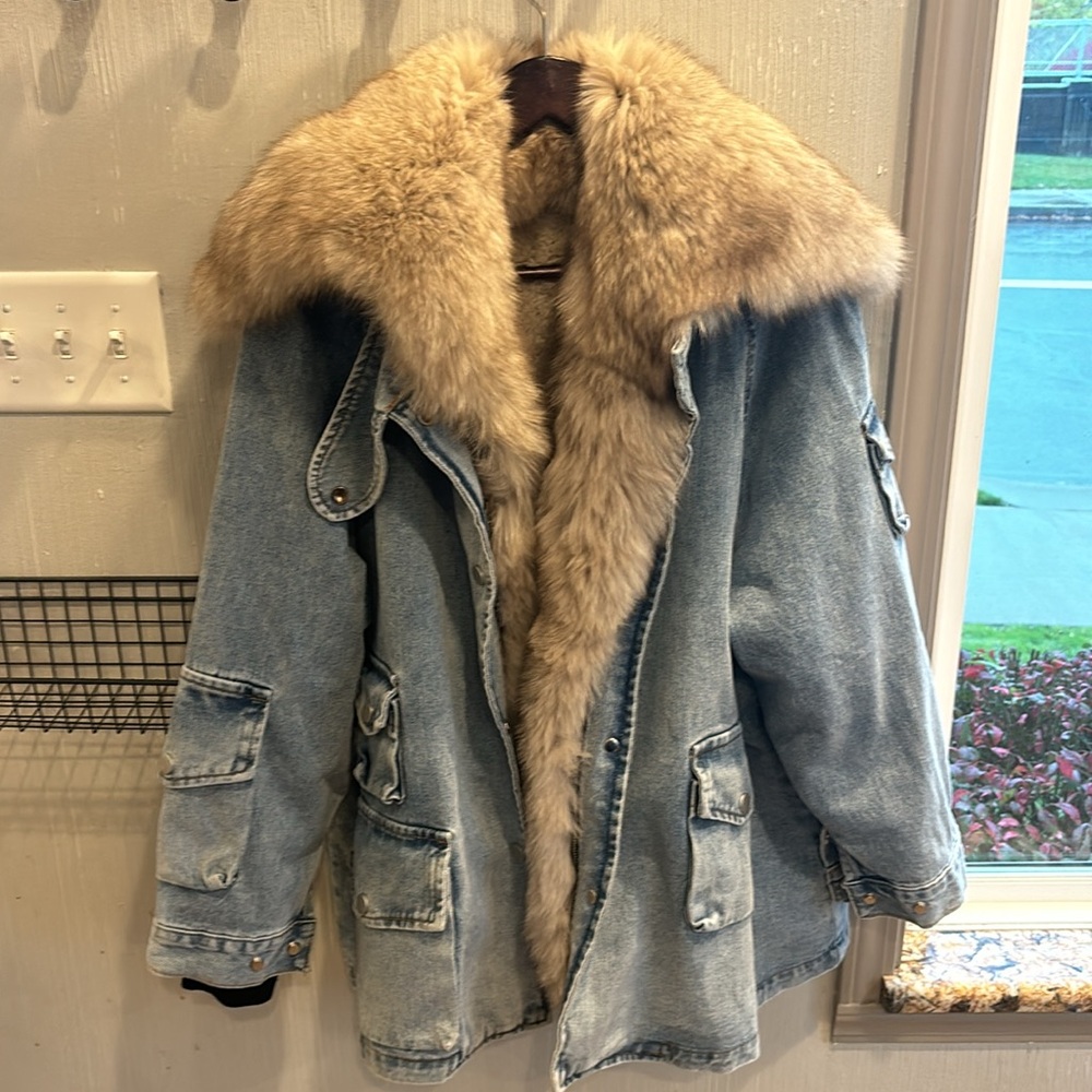 Denim Fox fur coat